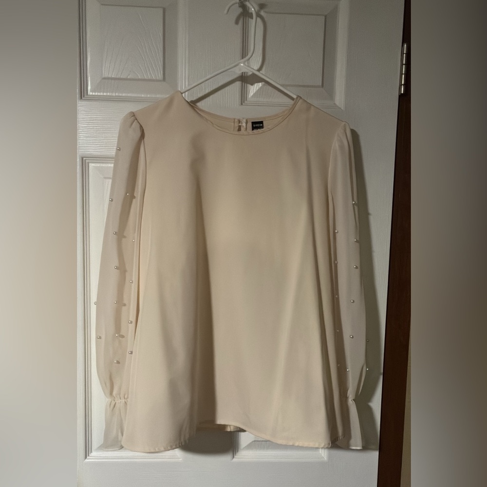 Beige Long Sleeve Dress with Pearl Accents